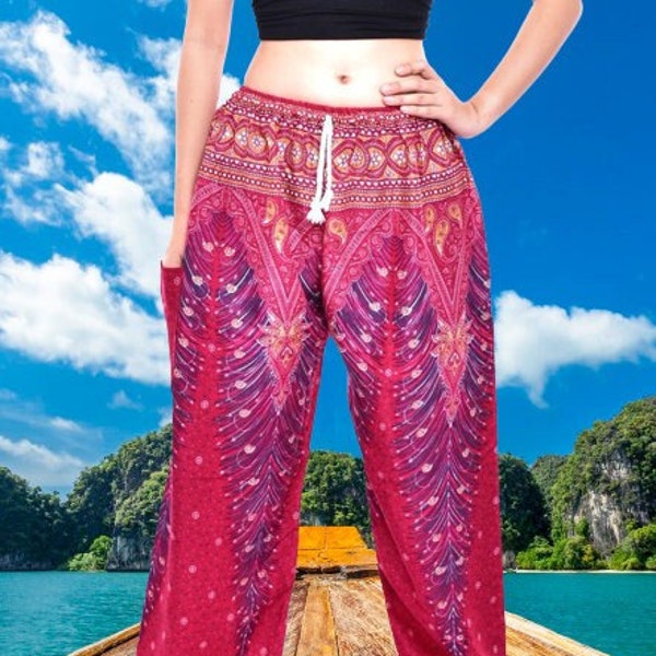 Bohotusk Womens Red Peacock Print Harem Pants Tie Waist S/M to L/XL Donation to Elephant Sanctuary with every Sale