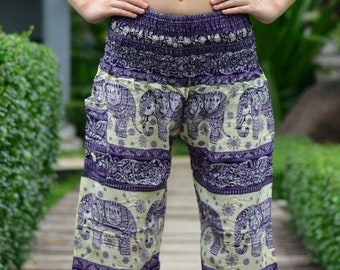 Bohotusk Elephant Herd Print Womens Harem Pants 3 Sizes (from 20-52 inch Waist) Hand Made Donation to Born Free Elephants with Every Sale