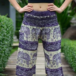 Bohotusk Elephant Herd Print Womens Harem Pants 3 Sizes (from 20-52 inch Waist) Hand Made Donation to Born Free Elephants with Every Sale