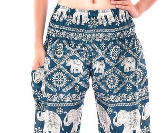 Bohotusk Kids 9-12 Years Turquoise Elephant Plain Print Elasticated Smocked Waist Harem Pants