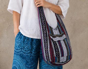 Boho Multi Striped Cotton Canvas Sling Shoulder Bag Beach Festival Bags