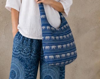 Boho Blue Elephant Striped Cotton Canvas Sling Shoulder Bag Beach Festival Bags