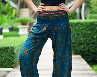 Handmade Green Harem Pants: Boho Rayon Trousers, Elastic Waist