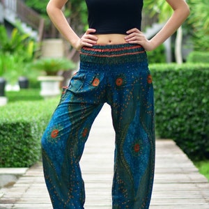 Bohotusk Green Moonshine Print Womens Harem Pants 4 Sizes Hand Made Donation to Born Free Elephants with Every Sale