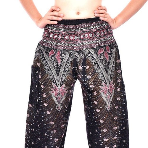 Bohotusk Peacock Print Harem Pants S/M to 3XL Hand Made in Thailand Donation to Elephants with Every Sale