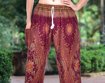 Bohotusk Womens Maroon Brown Moonshine Print Tie Waist Harem Pants S/M to 3XL