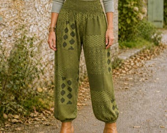 Bohotusk Cotton Autumn Winter Harem Pants Lunar Green Print Size SM, LXL or 2XL/3XL Hand Made in Thailand Stock In UK Donation to Elephants