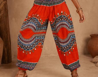 Boho Orange Geo Waves Print Womans Harem Pants Small Medium Size Only Hand Made