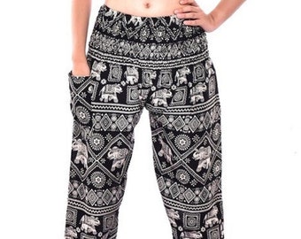 Bohotusk Plus Size Black Elephant Print Elasticated Smocked Waist Womens Harem Pants (42 - 52 inch Waist)