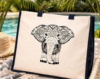 Boho Elephant Print Jute Canvas Tote Bag Beach Bags