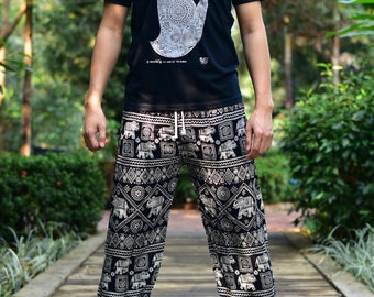 Bohotusk Mens Black Elephant Print Harem Pants Tie Waist Harem Pants M/L to XL