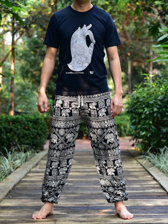 Bohotusk Mens Black Elephant Print Harem Pants Tie Waist Harem Pants M/L to  XL 