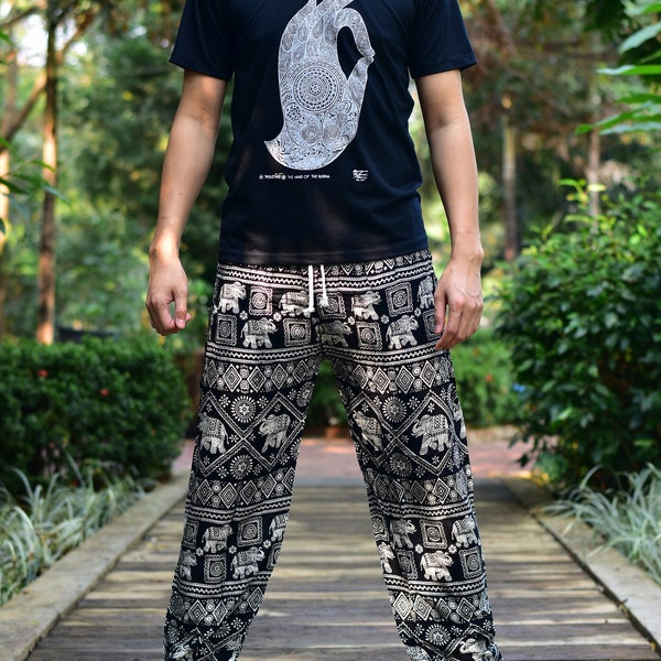 Bohotusk Mens Black Elephant Print Harem Pants Tie Waist Harem Pants M/L to XL