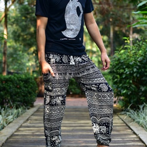 Bohotusk Mens Black Elephant Calf Print Harem Pants Tie Waist Harem Pants M/L to XL image 3