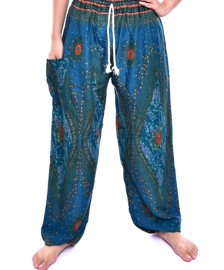 Image of Bohotusk Mens Teal Moonshine Print Tie Waist Harem Pants One Size | 20-42 Inch Waist Donation To Elephant Sanctuary With Sale