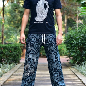Bohotusk Mens Black Elephant Tusker Print Harem Pants Tie Waist Harem Pants M/L to XL