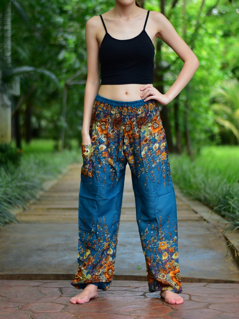 Bohotusk Floral Print Elasticated Smocked Waist Womens Harem Turquoise