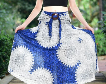 Bohotusk Blue Snowflake Print Long Skirt With Coconut Buckle  (& Strapless Dress) 2 in 1 Style S/M only