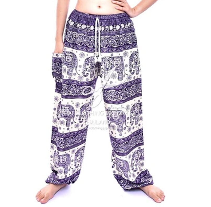 Image of Bohotusk Womens Purple Elephant Herd Print Tie Waist Harem Pants One Size |  -  Inch Waist Donation To Sanctuary With Each Sale