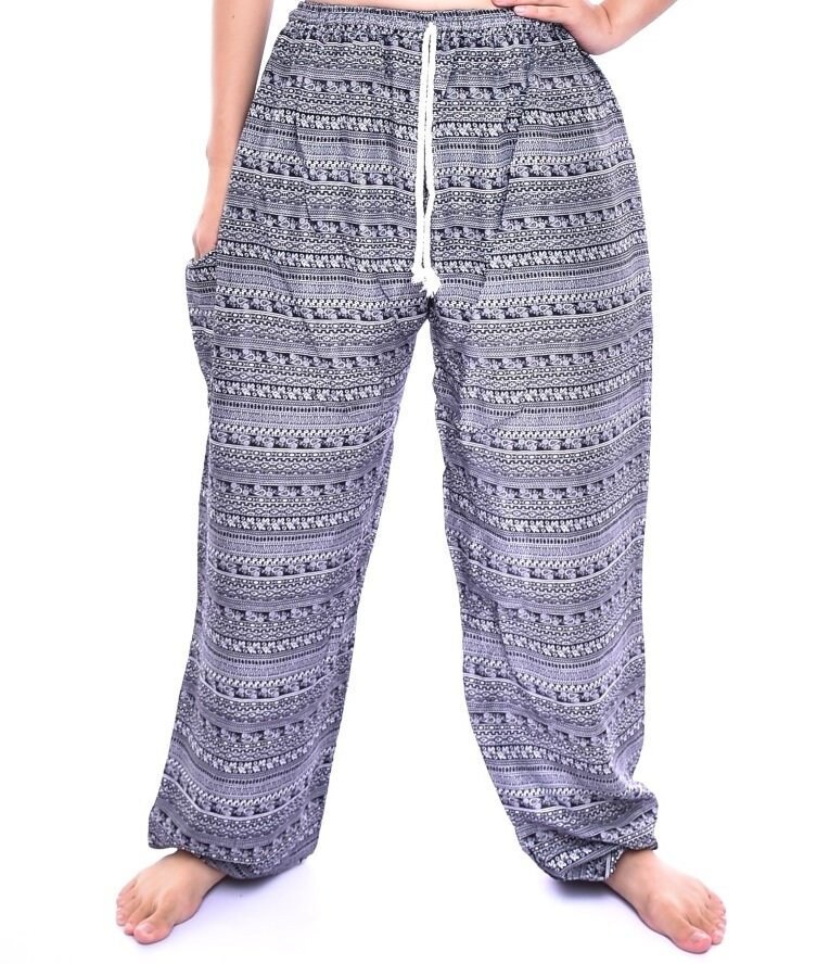 Image of Bohotusk Mens Black Chill Stripe Print Tie Waist Harem Pants One Size | 20-42 Inch Waist Donation To Elephant Sanctuary With Sale