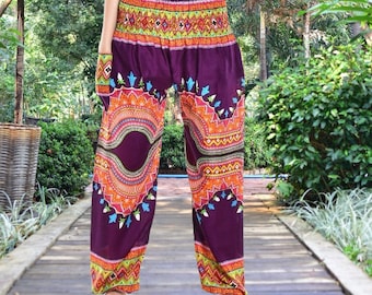 Bohotusk Purple Geo Waves Harem Pants S/M to 3XL Sizes Hand Made in Thailand Stock In UK