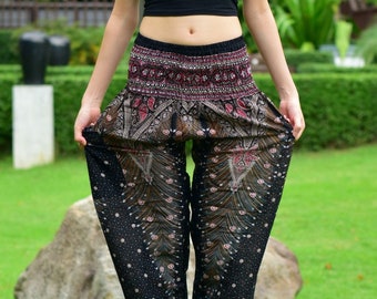 Bohotusk Kids 2 Years Black Gold Peacock Print Elasticated Smocked Waist Harem Pants Toddler Harem Pants