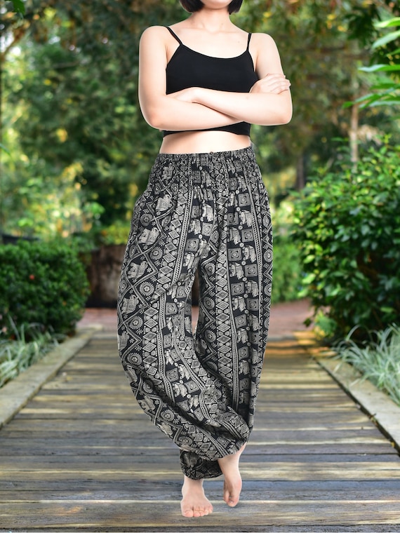 Bohotusk Cotton Autumn Winter Harem Pants Black Elephant Print