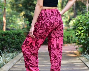 Bohotusk Red Pink Elephant Tusker Print Harem Pants S/M and L/XL (20-46 inch Waist) Hand Made Stock In UK Donation to Elephants