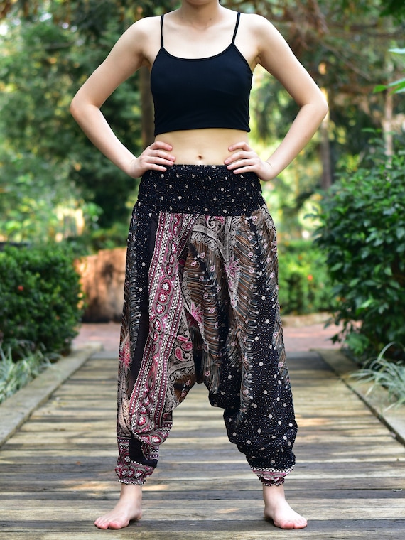 Bohotusk Sarouel noir paon à entrejambe bas pour femme, taille