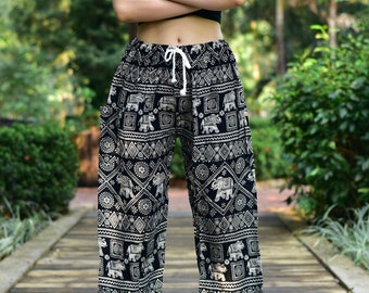 Bohotusk Black Elephant Print Harem Pants Tie Waist Womens Harem Pants S/M to 3XL