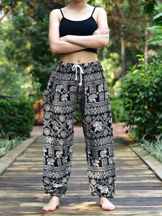 Bohotusk Black Elephant Print Harem Pants Tie Waist Womens Harem Pants S/M  to 3XL 