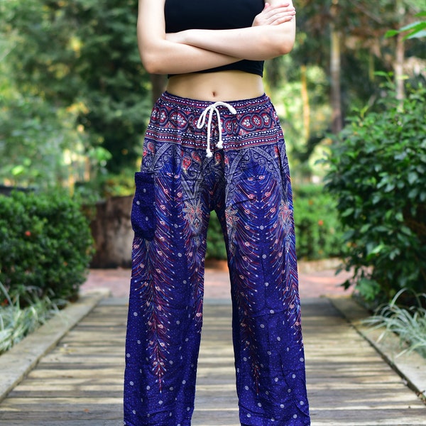 Bohotusk Womens Navy Blue Peacock Print Harem Pants Tie Waist S/M to L/XL Donation to Elephant Sanctuary with every Sale