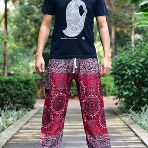 Red Sun Beam Print Harem Pants: Mens Boho Rayon Trousers