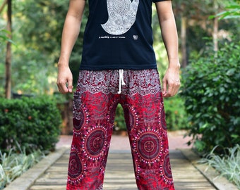 Red Sun Beam Print Harem Pants: Mens Boho Rayon Trousers