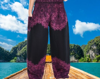 Bohotusk Purple Solar Storm Petal Print Harem Pants S/M and 2XL/3XL (20-50 inch Waist) Hand Made Stock In UK Donation to Elephants