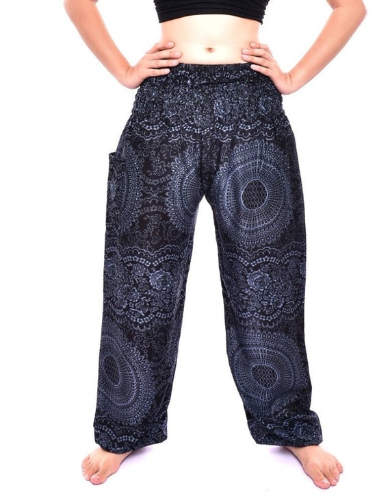 Bohotusk Black Elephant Print Harem Pants Tie Waist Womens Harem Pants S/M  to 3XL 