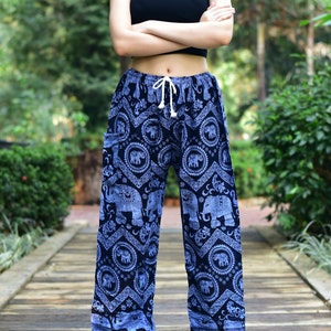 Bohotusk Womens Blue Elephant Tusker Print Harem Pants Tie Waist S/M to 3XL Donation to Elephant Sanctuary with every Sale