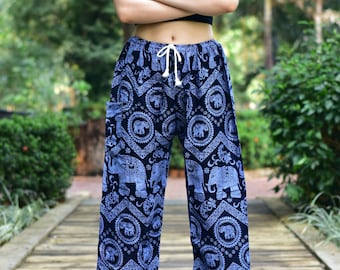 Bohotusk Womens Blue Elephant Tusker Print Harem Pants Tie Waist S/M to 3XL Donation to Elephant Sanctuary with every Sale