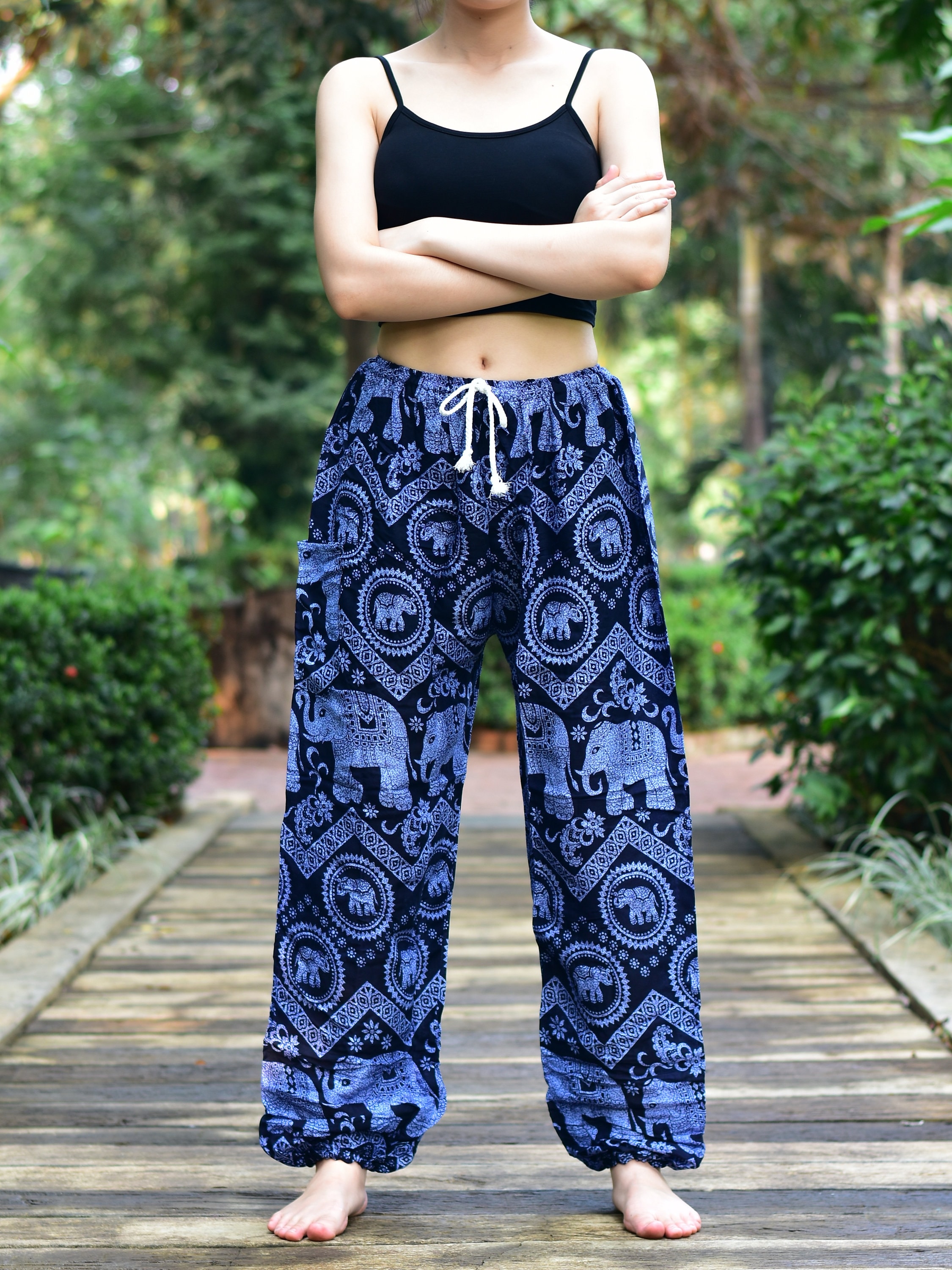 Bohotusk Womens Blue Elephant Tusker Print Harem Pants Tie