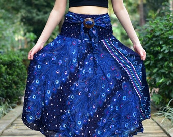 Bohotusk Blue Peacock Long Skirt With Coconut Buckle (& Strapless Dress) 2 in 1 Style S/M to 3XL