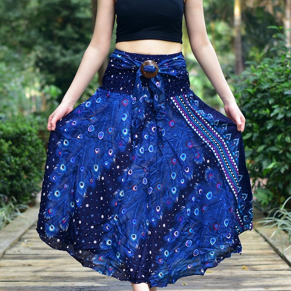 Bohotusk Blue Peacock Long Skirt With Coconut Buckle (& Strapless Dress) 2 in 1 Style S/M to 3XL