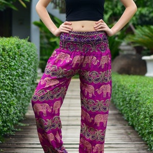 Bohotusk Elephant Grassland Print Womans Harem Pants 3 Sizes (from 20-50 inch Waist) Hand Made Donation to Elephants with Every Sale