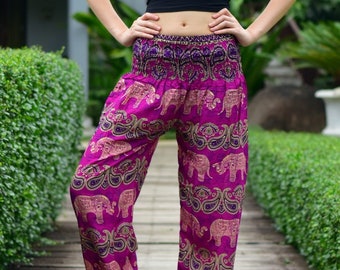 Bohotusk Elephant Grassland Print Haremshose für Frauen 3 Größen (von 20-50 Zoll Taille) Handgemachte Spende an Elefanten mit jedem Verkauf
