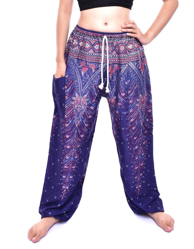 Image of Bohotusk Womens Navy Blue Peacock Print Tie Waist Harem Pants One Size |  -  Inch Waist Donation To Elephant Sanctuary With Every Sale