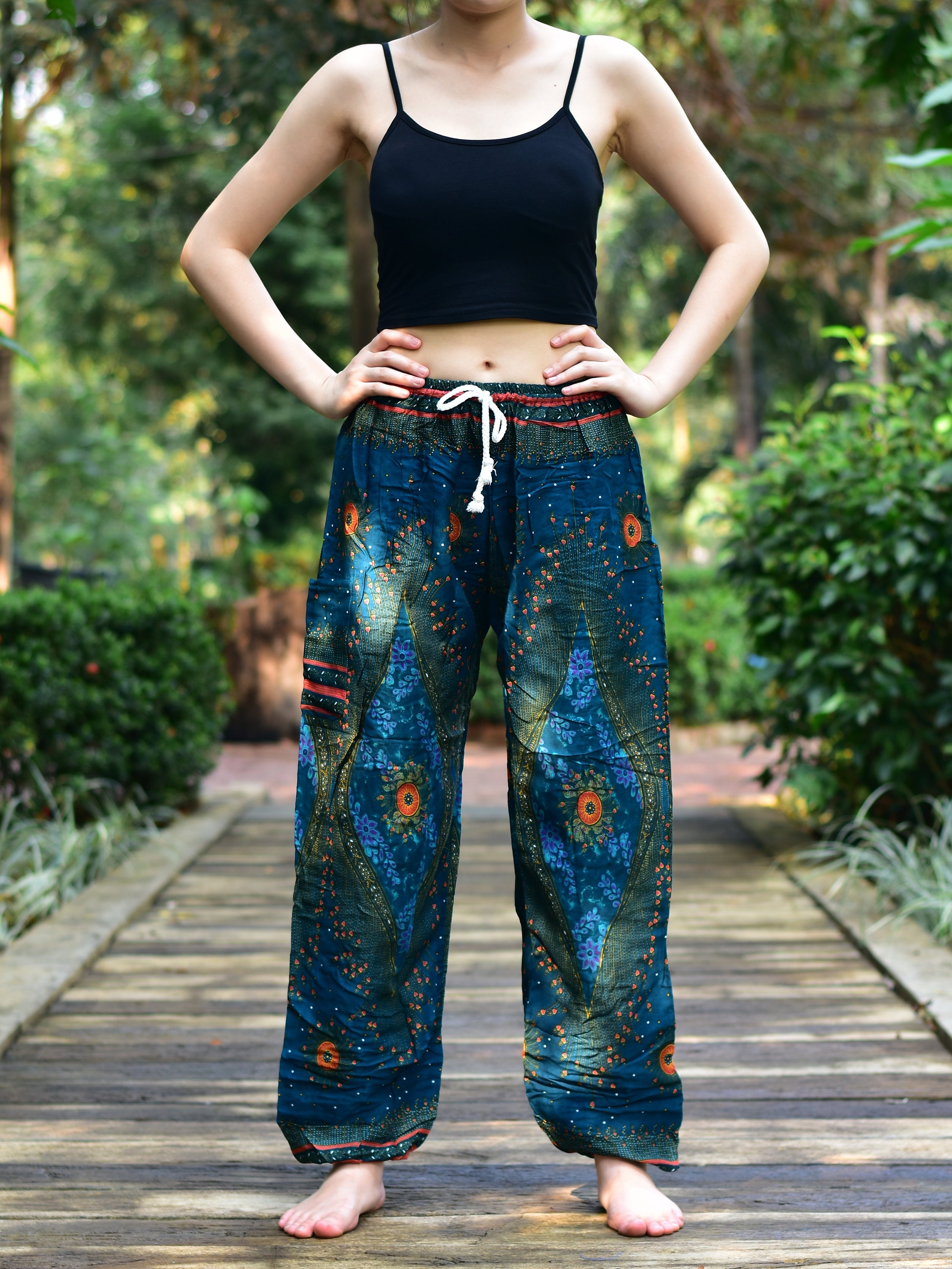 Bohotusk Womens Teal Moonshine Print Harem Pants Tie Waist S