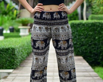 Bohotusk Elephant Savannah Print Womens Harem Pants 3 Sizes (from 20-52 inch Waist) Hand Made Donation to Elephants with Every Sale