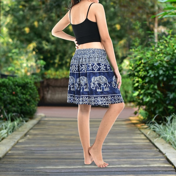 Bohotusk Blue Amboseli Elephant Print Short Skirt Boho Gypsy Style SM to LXL
