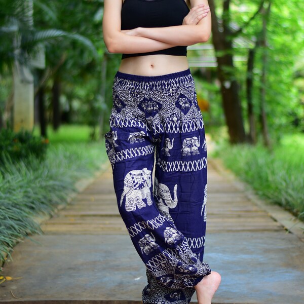 Bohotusk Elephant Bull Print Womens Harem Pants 3 Sizes (from 20-52 inch Waist) Hand Made Donation to Elephant Sanctuary with Every Sale