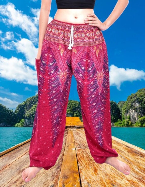 Buy Bohotusk Womens Red Peacock Print Harem Pants Tie Waist S/M to L/XL  Donation to Elephant Sanctuary With Every Sale Online in India 