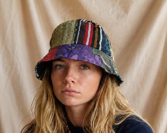 Boho Multi Coloured Hemp Patchwork Festival Bucket Hat